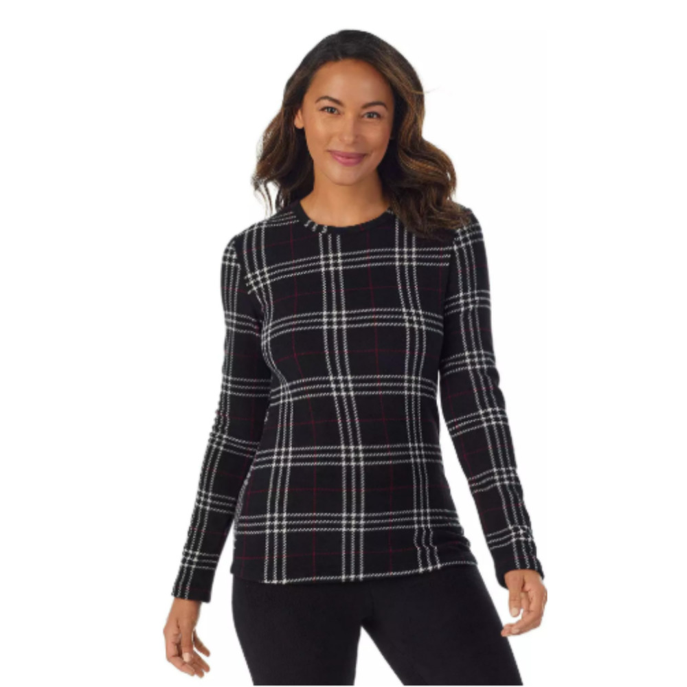 Cuddl‎ Duds Warm Layers Top Fleecewear with Stretch Longsleeve Black Plaid XS